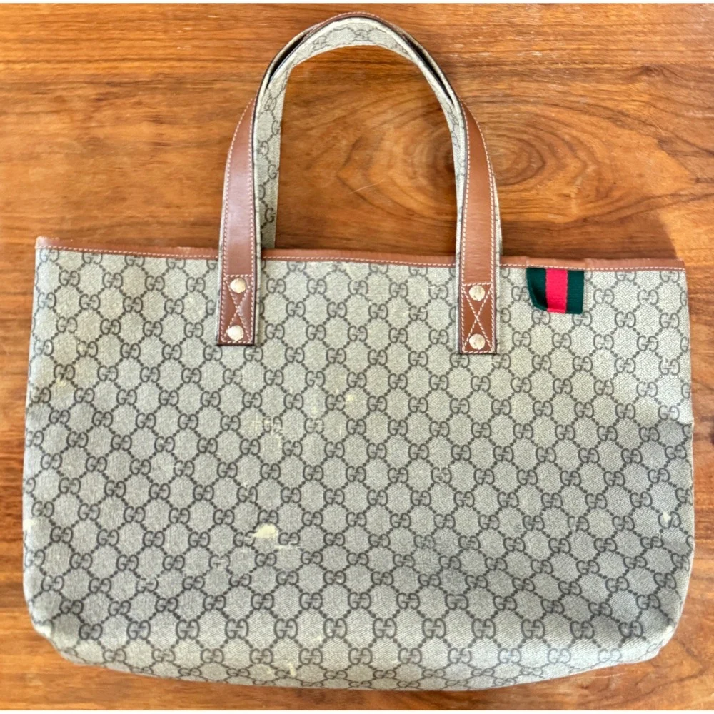 Gucci GG Supreme Tote Bag Monogram Canvas Brown Leather Web Detail 211134